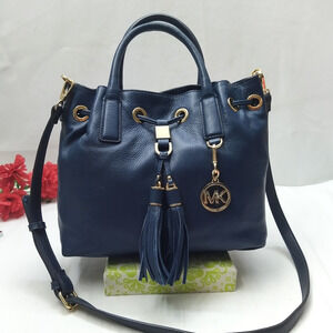 Michael Kors Blue Pebbled Leather Drawstring Tassel Satchel Bag